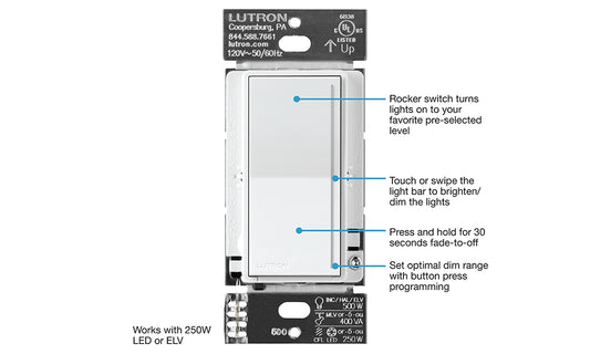 Lutron RadioRA 3 Sunnata RF PRO LED+ Touch Dimmer Switch, 250W LUT-RRST-PRO-N-WH